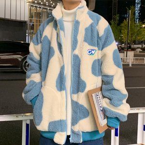 Milk Cow Pattern Fleece Jacket for Men 2022 Winter